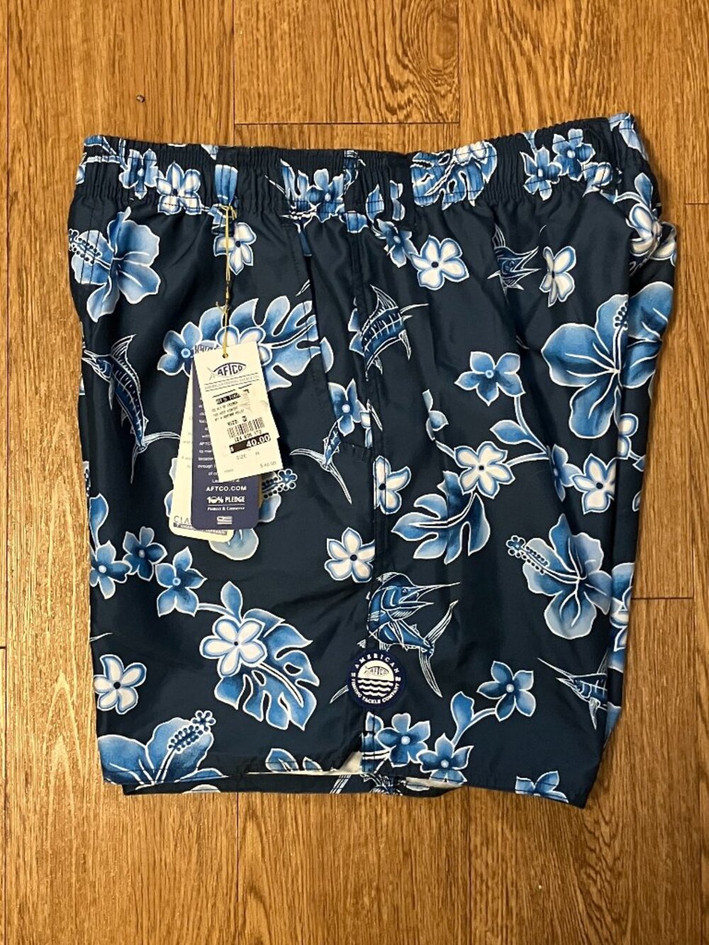 AFTCO Boatbar Volley Swim Shorts Mens Medium Midnight Blue Hibiscus Marlin NWT